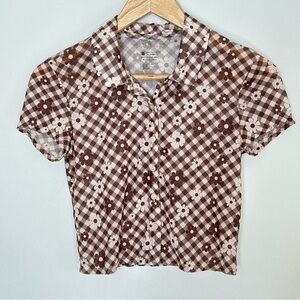Women’s Y2K Retro Cropped Button Mesh Shirt Top XS-Small *Floral Plaid Academia